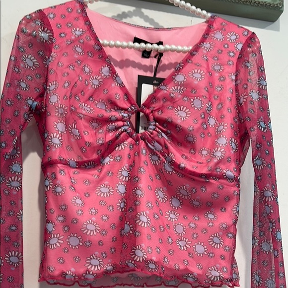 Delia‘s mesh Floral Pink Long Sleeve Crop Top large new w tags - Picture 5 of 7